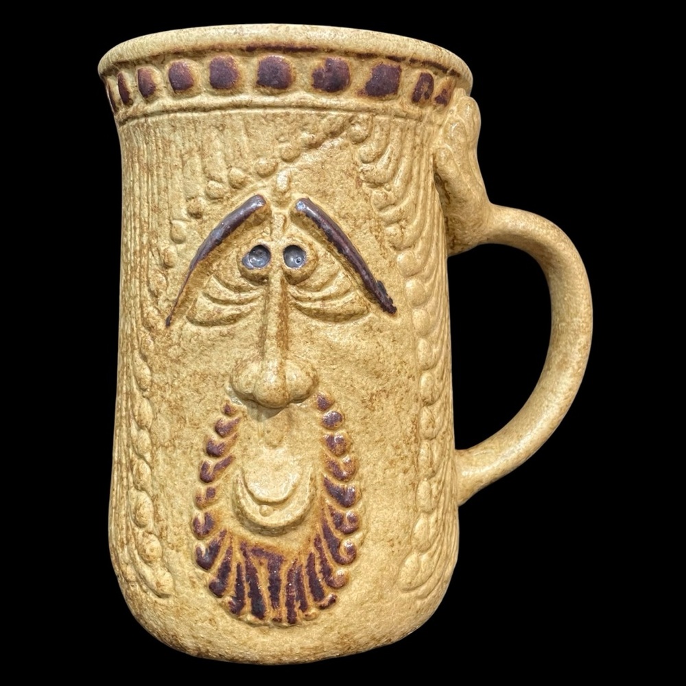 Vintage 1970s Pottery Craft USA Ugly Face Coffee Mug Goatee Beard Guy Arm Handle